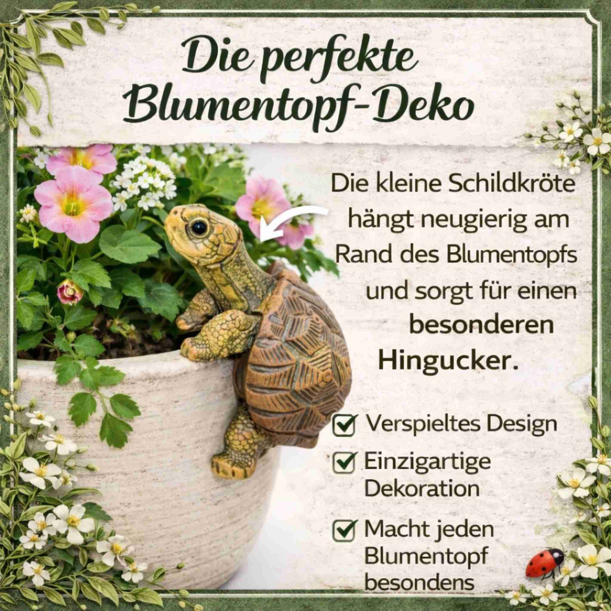 Schildkröte Blumentopf Deko Figur hängt am Rand eines Pflanztopfs – verspielte Garten Deko und dekorativer Hingucker für Pflanzen