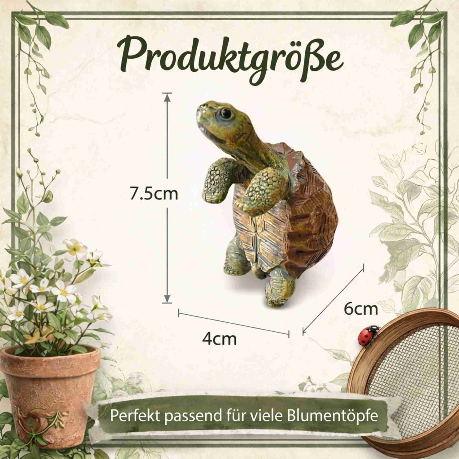 Produktgröße der Schildkröte Blumentopf Deko Figur zum Einhängen – Maße der dekorativen Pflanzendeko für Blumentöpfe