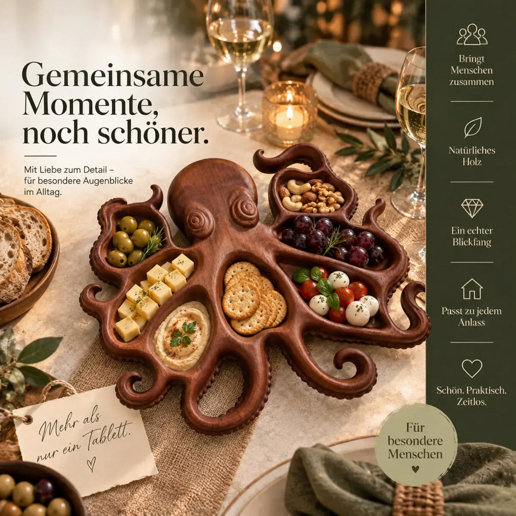 Oktopus Serviertablett aus Holz auf gedecktem Tisch für gemeinsame Momente