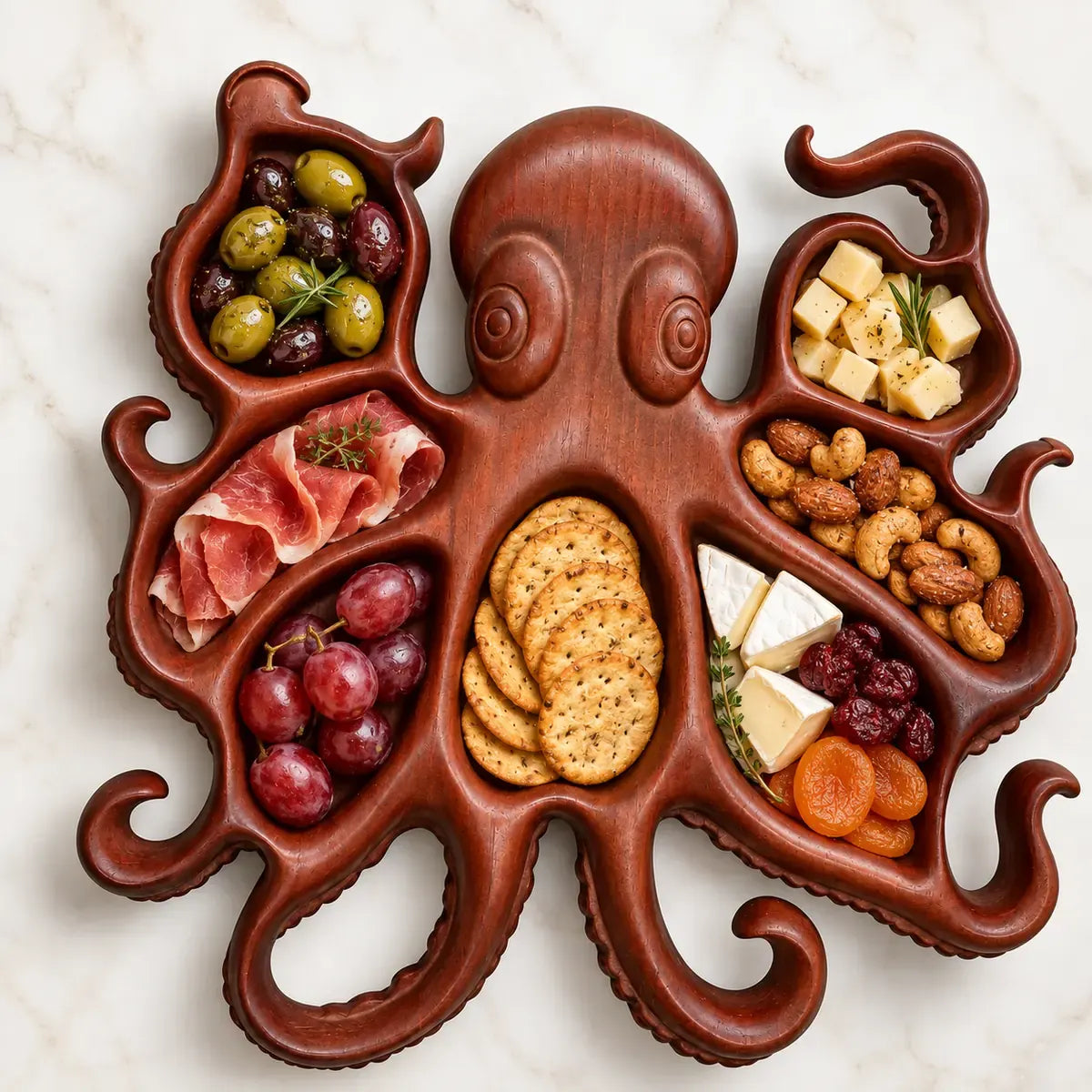 Oktopus Serviertablett aus Holz dekoriert mit Snacks, Käse, Nüssen und Oliven