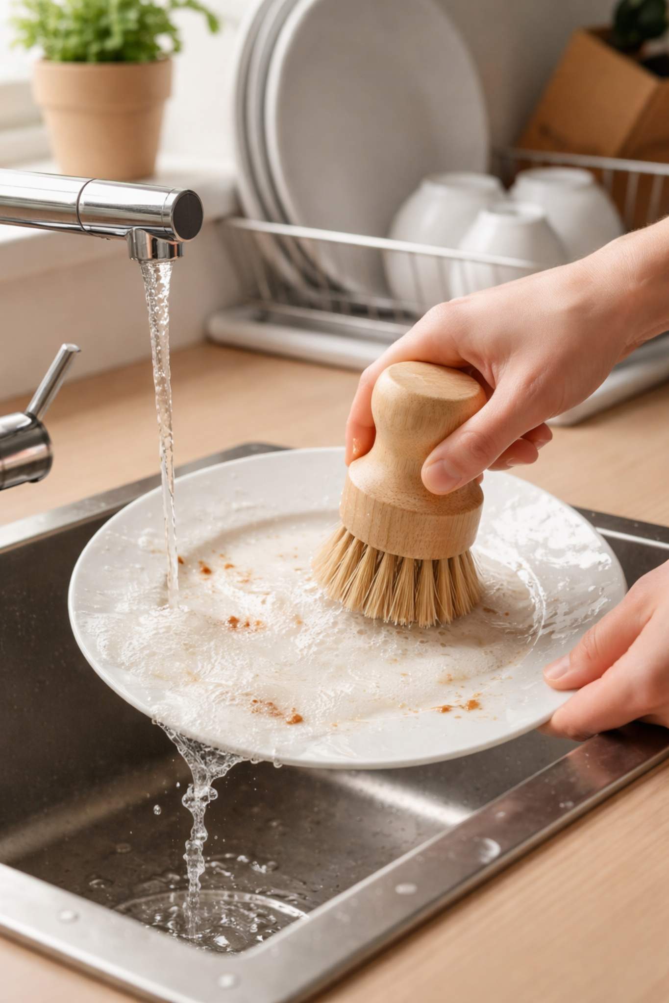 Sisal Spülbürste aus Holz in Anwendung beim Geschirrspülen – natürliche Reinigung ohne Plastik