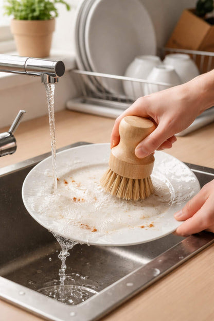 Sisal Spülbürste aus Holz in Anwendung beim Geschirrspülen – natürliche Reinigung ohne Plastik