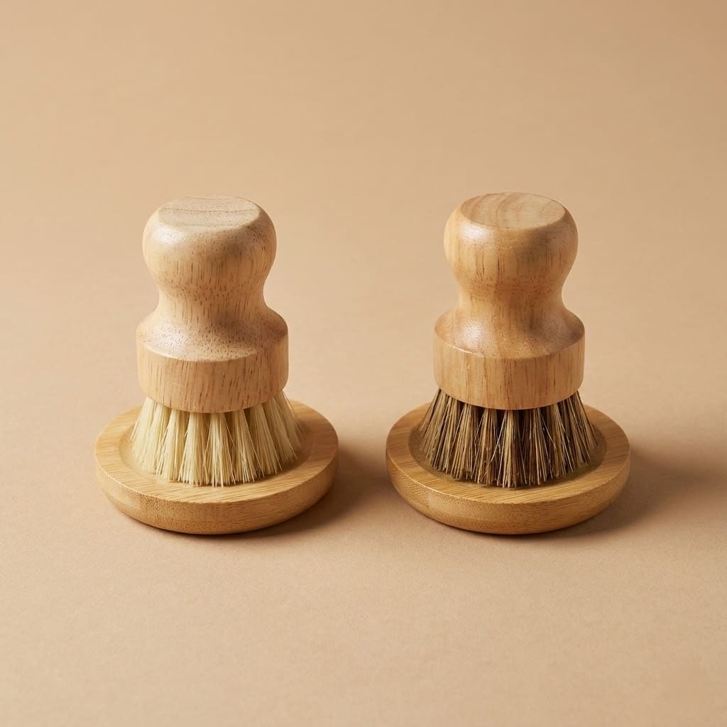 Set aus Bambus Spülbürste mit hellen Borsten und Kokos Mischhaarbürste auf passenden Abtropfschalen