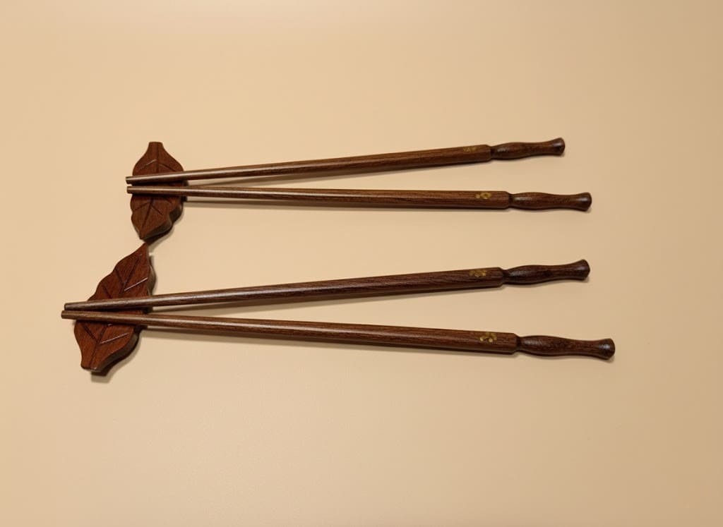 Nachhaltige Holz Essstäbchen und Halter auf dem Esstisch beim Sushi-Abend