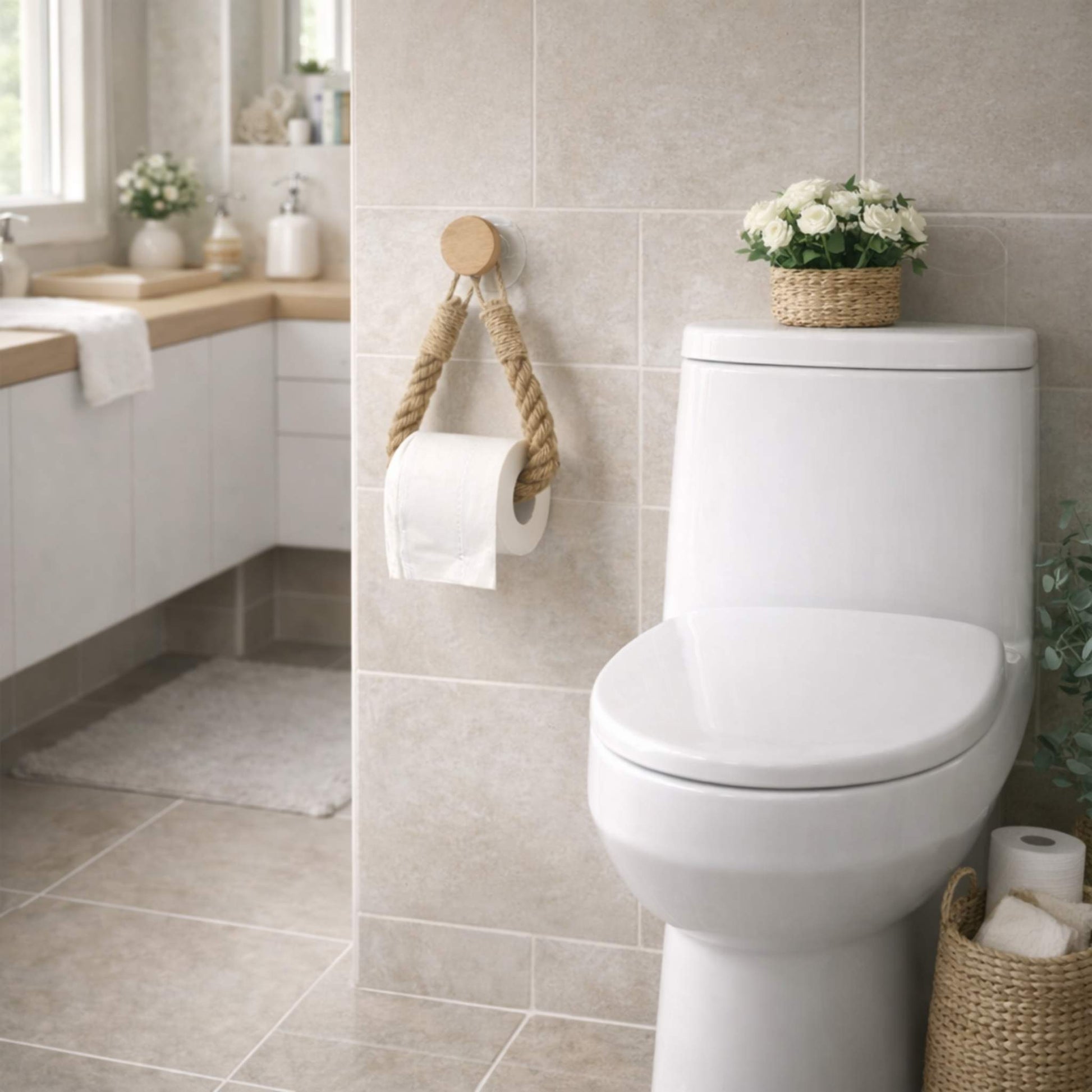 Toilettenpapierhalter aus Holz und Seil mit transparenter Klebefläche ohne Bohren