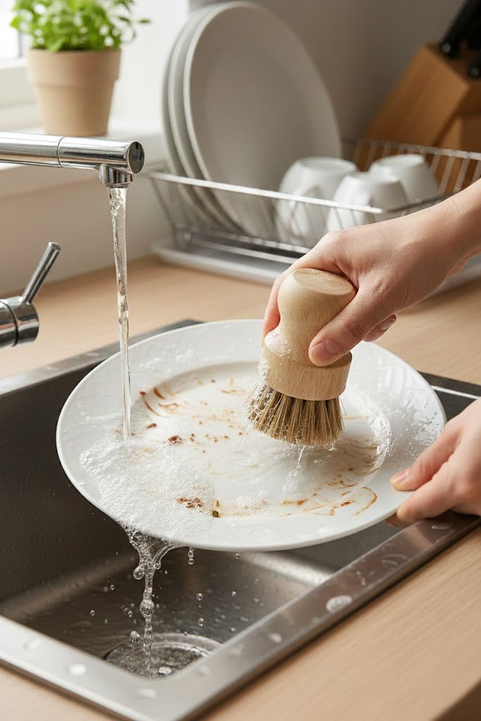 Reinigung von eingebrannten Resten in der Pfanne mit der Kokos-Topfbürste