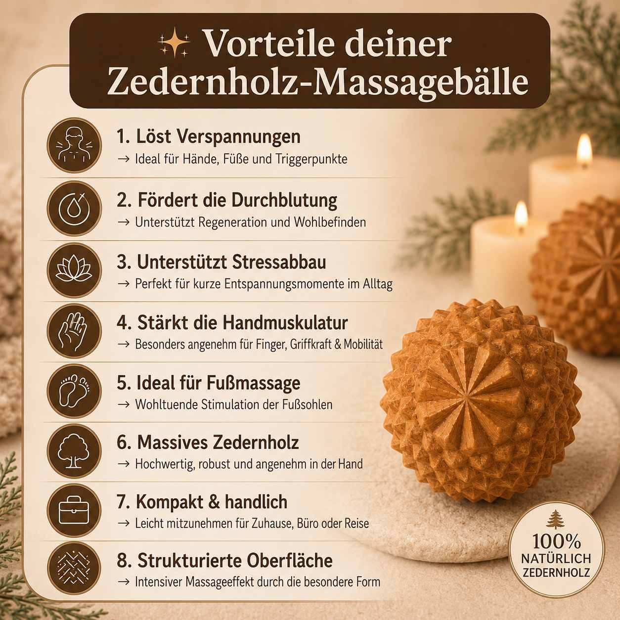 Vorteile der Zedernholz Massagebälle mit Icons, Anwendungshinweisen und natürlichem Spa-Hintergrund