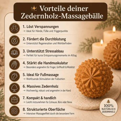 Vorteile der Zedernholz Massagebälle mit Icons, Anwendungshinweisen und natürlichem Spa-Hintergrund