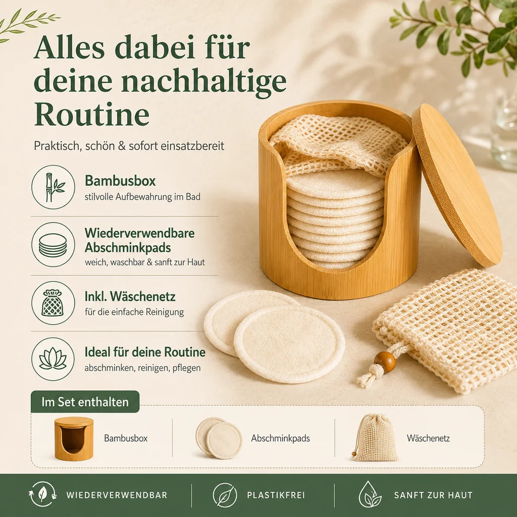 Set mit Bambusbox, wiederverwendbaren Abschminkpads und Wäschenetz für nachhaltige Beauty-Routine