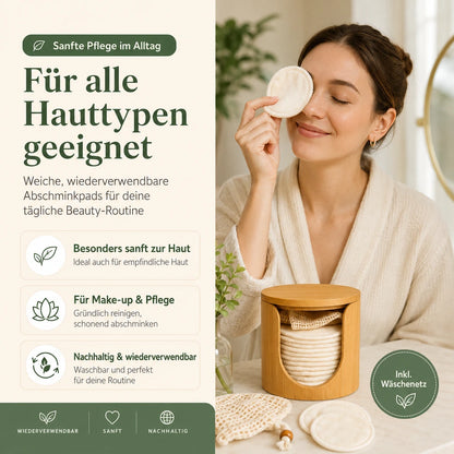 Frau nutzt weiches wiederverwendbares Abschminkpad für sanfte Pflege im Alltag