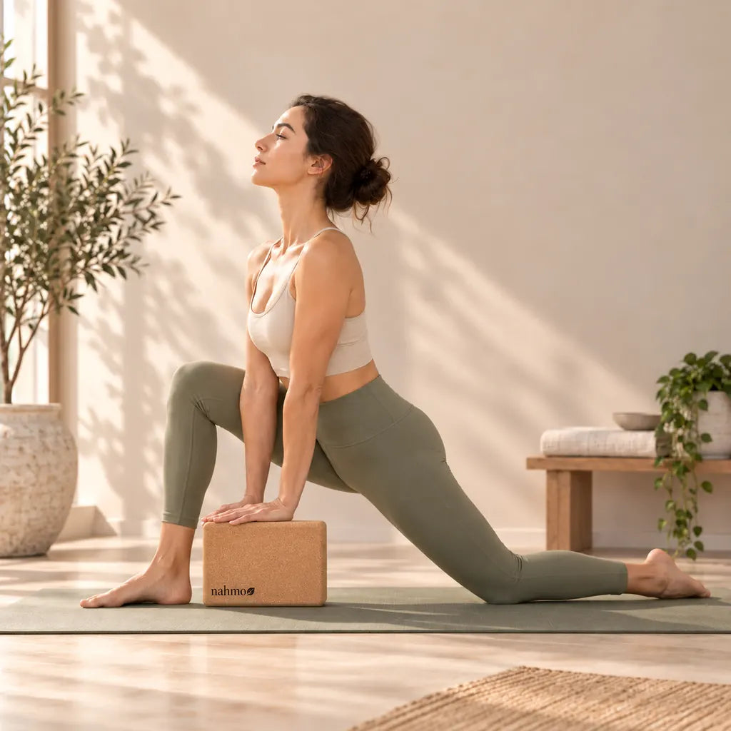 Yoga Block aus Naturkork bei einer Low-Lunge-Dehnübung auf der Yogamatte