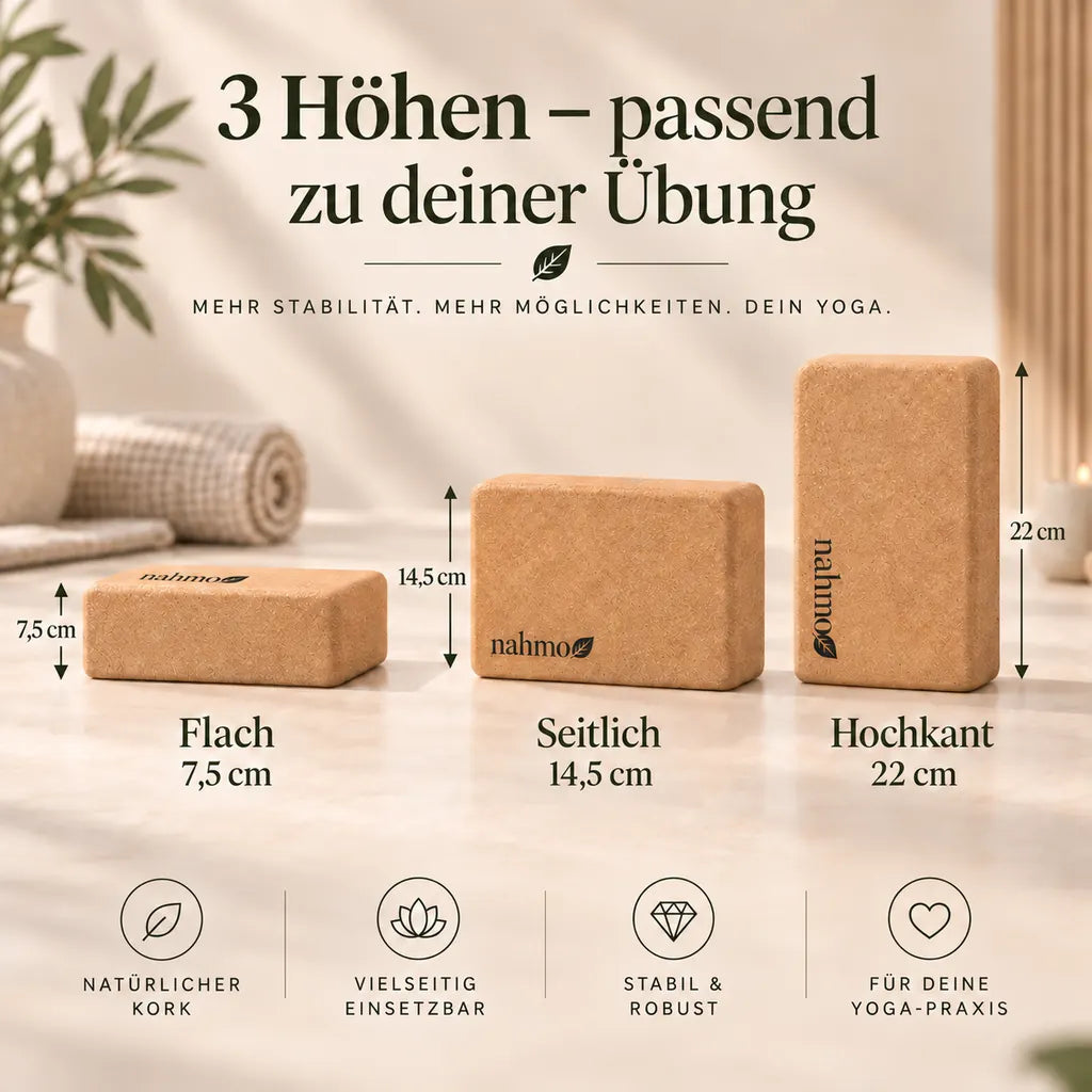 Yoga Block aus Naturkork in drei nutzbaren Höhen 7,5 cm, 14,5 cm und 22 cm