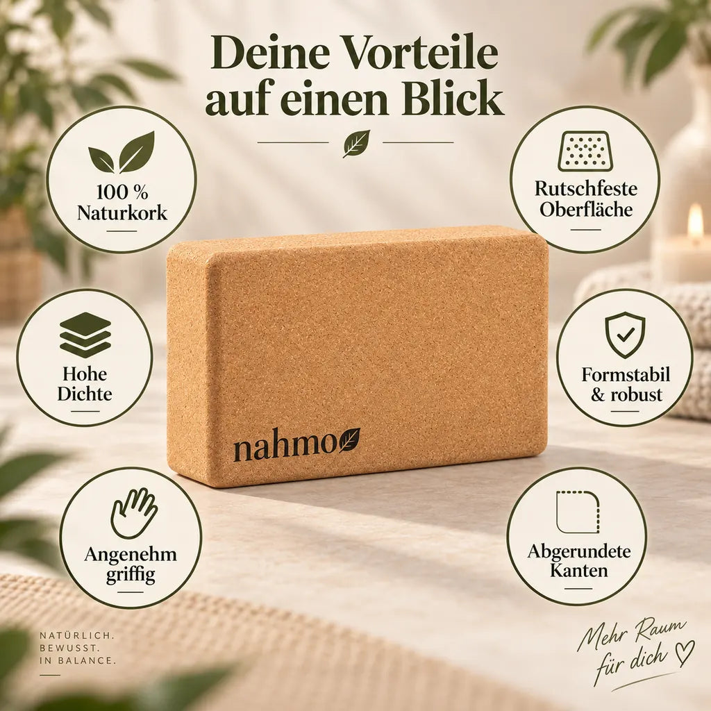 Infografik zum Yoga Block aus Naturkork mit Vorteilen und Produktmerkmalen