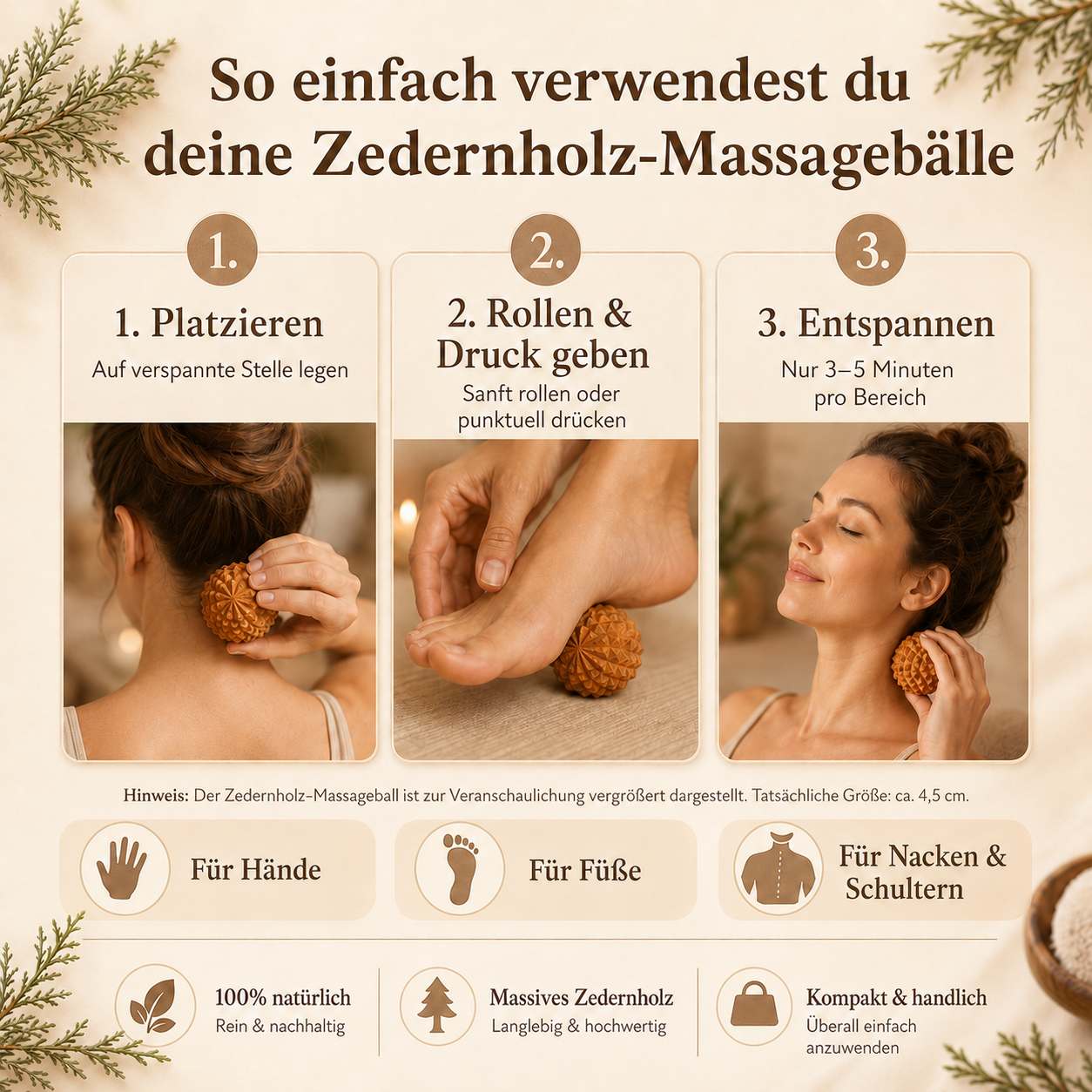 Zedernholz Massagebälle Anwendung in 3 Schritten für Hände, Füße, Nacken und Schultern